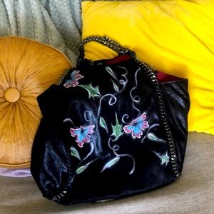 FLORAL HAND PAINTED BLACK LEATHER HANDBAG